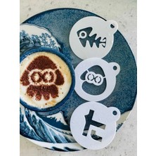 Lucien Vela Splatoon Temalı 3'lü Kahve Süsleme Stencil Seti Latte Art Kalıbı - Balık Iskeleti ve Kalamar Figürlü