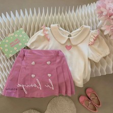 Elada Moda Pembe Pileli Şort Etek Bebe Yaka Kalp Detaylı Bluz (Ithal)