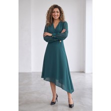 Zishan Fashion Kadın Kruvaze Yaka Düğme Detaylı Şifon Kol Asimetrik Astarlı Midi Abiye Elbise 25263