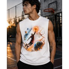 Enb1r Moda Oversize Sıfır Kol Basketbol Uzay Dünya Güneş Grafik Baskılı Streetwear Spor Atlet