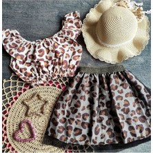 Elada Moda Leopar Desen Kız Çocuk Crop Tül Detaylı Etek Takim