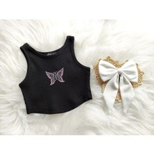 Elada Moda Siyah Kelebek Detaylı Kız Çocuk Pamuklu Crop Bluz