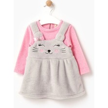 Elada Moda Sevimli Kedicik Gri Yumos Kız Bebek Elbise ve Bluz