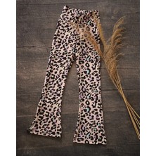 Elada Moda Açık Pembe Leopar Desen Ispanyol Paça Kız Cocuk Pantolon