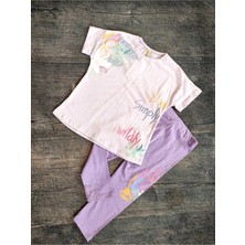 Elada Moda Kız Çocuk Fuşya ve Lila Renk Seçenekleriyle T-Shirt ve Alt Tayt Ikili Takım