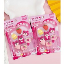 ÖZ OFİS Yeni Sezon 3D Sevimli Strawberry Bear Temalı Figürlü Silgi Seti - Özel Kutulu Iz Bırakmaz Silgi 7'li 1 Paket