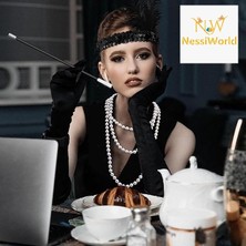 NW NessiWorld 1920’LER Çarliston Aksesuar Seti – Inci Kolye, Eldiven, Sigara Tutucu, Siyah Saç Bandı