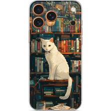 TechTree iPhone 17 Pro Max Uyumlu Kitaplık Beyaz Kedi Tasarımlı Baskılı Silikon Kılıf