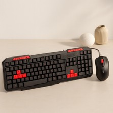Uravas Store USB Kablolu Klavye Mouse Set - Kırmızı Tuşlu Q Klavye 1600 Dpı