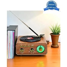 Uravas Store Nostaljik Tasarım Plak Çalar Görünümlü Radyolu Bluetooth Hoparlör Retro Müzik Plak Açık Kahverengi