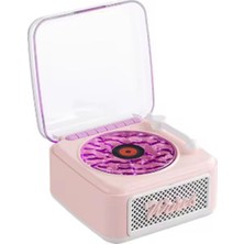 Uravas Store Nostalji Mini Plak Görünümlü Radyolu Bluetooth Hoparlör 3D Ses Dalgası Retro Müzik Plak Pembe