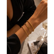 Adata Jewelry Çelik 3lü Kadın Kombin Bileklik Seti / Ezme Zincir / Burgu Zincir / Halka Zincir Gold Renk Uzatma Zincirli