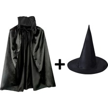 Uravas Store Siyah Yakalı Pelerin ve Siyah Cadı Şapkası Seti Çocuk Boy