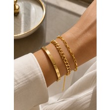 Adata Jewelry Çelik 3lü Kadın Kombin Bileklik Seti Kelepçe / Zincir Model Gold Renk Uzatma Zincirli