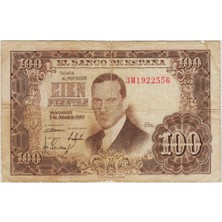 Banknoting Ispanya 100 Peseta 1953 Üst Kenarda 2 cm Yırtık Haliyle.