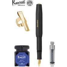Kaweco Klasik Sport Siyah M Dolma Kalem Seti | Mini Piston + 50 ml Mavi Mürekkep + Altın Klips