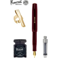 Kaweco Klasik Sport Bordo M Dolma Kalem Seti | Mini Piston + 50 ml Siyah Mürekkep + Altın Klips