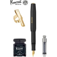 Kaweco Klasik Sport Siyah M Dolma Kalem Seti | Mini Piston + 50 ml Siyah Mürekkep + Altın Klips