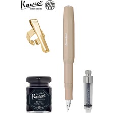 Kaweco Skyline Sport Macchiato M Dolma Kalem Seti | Mini Piston + 50 ml Siyah Şişe Mürekkep + Altın Klips