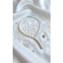 Ajel El Yapımı Swarovski Taşlı ve Inci Sallantılı Y-Kolye - Yarı Inci Yarı Zincir Özel Tasarım Kadın Kolye (39 cm + 5 Cm)