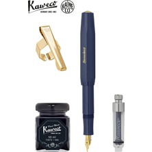 Kaweco Klasik Sport Mavi M Dolma Kalem Seti | Mini Piston + 50 ml Siyah Mürekkep + Altın Klips