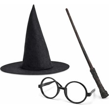 Uravas Store Harry Potter Tarzı Çocuk Seti - Siyah Keçe Şapka, Asa, Gözlük