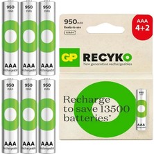 Uravas Store Gp Batteries Recyko 950MAH Aaa Ince Kalem 6 Adet Ni-Mh Şarjlı Pil 1.2 Volt