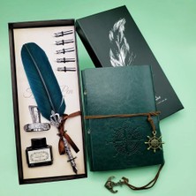 Uravas Store Deri Defter ve Tüylü Mürekkepli Kalem Seti Yeşil