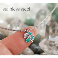 Stainless Steel 316L Çelik Zincir Gümüş Renk Yeşil Zirkon Taşlı Şans Kolyesi