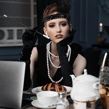 Uravas Store Mey Ithalat® 1920'LER Gatsby Aksesuar Seti – Siyah Charleston Saç Bandı, Uzun Eldiven & Sigaralık