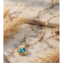 Stainless Steel 316L Çelik Zincir Gold Renk Büyük Mavi Taşlı Kolye