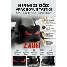Peluş Kırmızı Göz Nakışlı Oto Boyun Yastığı (2 Adet) Araç Koltuk Boyun Destek Yastığı Seti Oto Aksesuar