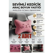 Peluş Kedicik Nakışlı Pembe Oto Boyun Yastığı (2 Adet) Araç Koltuk Boyun Destek Yastığı Seti Oto Aksesuar