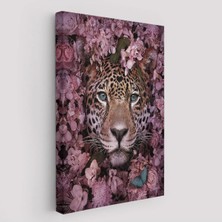 Trezon Pembe Çiçekler Arasında Vahşi Leopar Dekoratif Duvar TABLOSU-6195