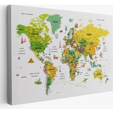 Trezon Türkçe Dünya Haritası Son Derece Ayrıntılı Eğitici ve Sembollü Kanvas Tablo 3222