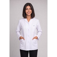 Deniz İş Kadın Gömlek Yaka Uzun Kol Ceket Boy Beyaz Alpaka Kumaş Doktor ve Hemşire Önlüğü