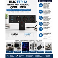 HiboTekno BLIC FTR-12 Termal Akım Korumalı Çoklu Priz 3'lü Topraklı 3 USB + Type-C PD 20W Hızlı Şarjlı 2500W Anahtarlı 2 Metre Kablolu Grup Priz