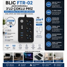 HiboTekno BLIC FTR-02 Akım Korumalı 3'lü Topraklı Priz 2 USB + Type-C PD 20W Hızlı Şarjlı 2500W Anahtarlı 2 Metre Kablolu Çoklu Grup Priz