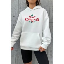 Aselia Global Yılbaşı Merry Christmas Baskılı Oversize Kapüşonlu Sweatshirt Hoodie - Beyaz