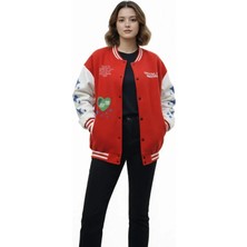 Aselia Global Kırmızı Varsity Çıtçıtlı Baskılı Oversize Kalıp Kolej Ceket - Kırmızı