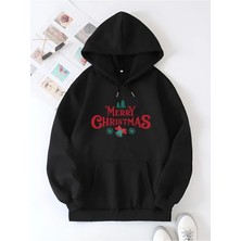 Aselia Global Yılbaşı Merry Christmas Baskılı Oversize Kapüşonlu Sweatshirt Hoodie - Siyah
