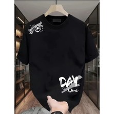 Tarz Yeri Kadın Kısa Kol Yazlık Tişört Bisiklet Yaka Baskılı Oversize T-Shirt - Siyah