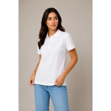 Nova Epoxy Art 2li Polo Yaka Pike Kumaş Düğmeli Basic Tişört Günlük Rahat Kesim - Beyaz, Pembe