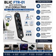 HiboTekno BLIC FTR-01 Akım Korumalı 3'lü Topraklı Priz 3 USB Girişli 2500W 10A Anahtarlı 2 Metre Kablolu Smart Akım Dengelemeli Çoklu Grup Priz