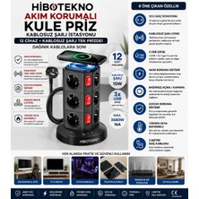 HiboTekno Akım Korumalı Kule Priz Kablosuz Şarj Istasyonu 12 Soket 1 USB 2x Type-C Wireless Şarj Istasyonu