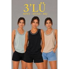 Trend Cojans 3 Lü Kolsuz Sporcu Atlet Seti Yazlık Bisiklet Yakalı - Mint Yeşili, Siyah, Bej