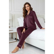 Pijamask Kadın Kadife Boydan Düğmeli Şerit Detaylı 2'li Pijama Takım