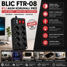Blic Hibotekno Blıc Ftr-08 8'li Akım Korumalı Priz 3 USB Girişli 4000W 16A 2 Metre Kablolu Smart Ic Termal Korumalı Çoklu Priz