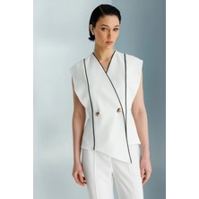 Moda İlgi Kadın Biye Detaylı Kruvaze Yelek 0116 Ekru