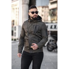 Doxger Bluff Erkek Slim Fit Kapüşonlu Mevsimlik Haki Mont – Su Itici Kumaş, Rüzgar Geçirmez, 3 Cepli, Fermuar + Çıtçıt Kapamalı